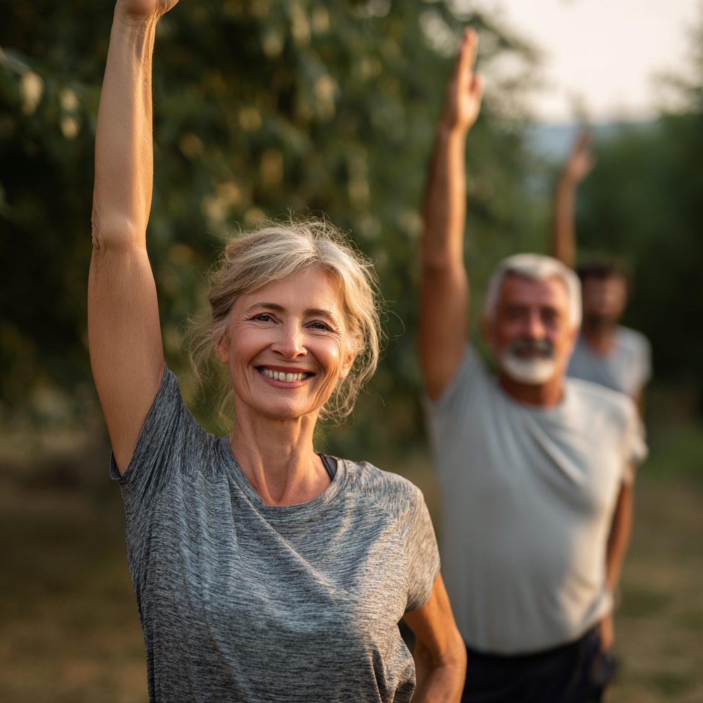 Middle-aged adults practicing gentle stretching exercises in natural outdoor setting