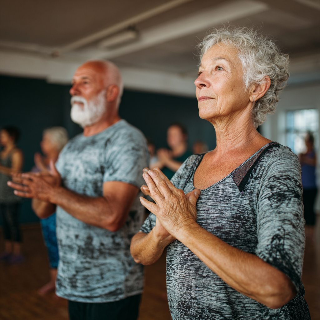 Older adults performing gentle mobility exercises with focus on natural movement patterns